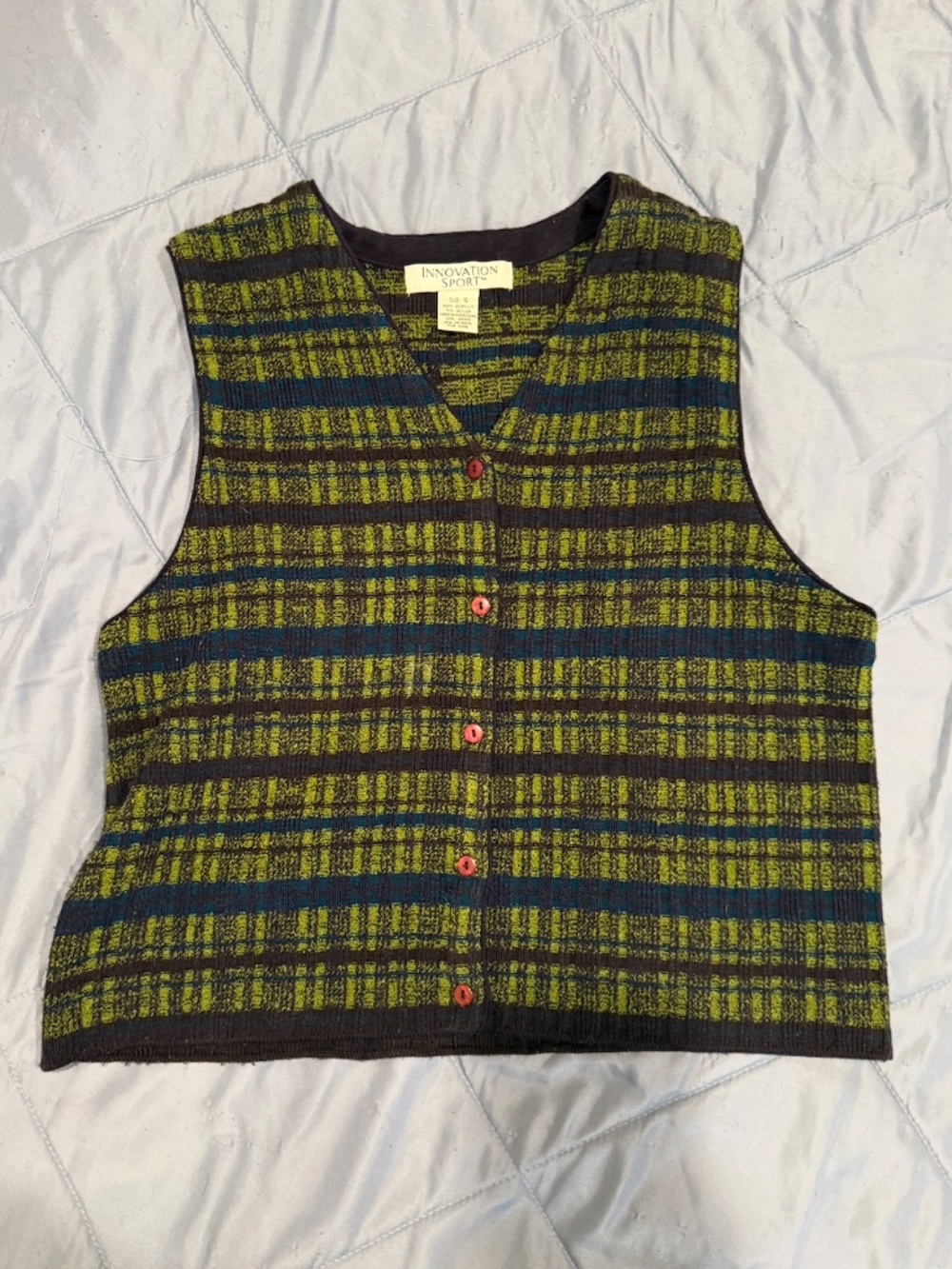 Vintage 90s Innovation Sport Plaid Knit Button Up Sweater Vest Sz Small
